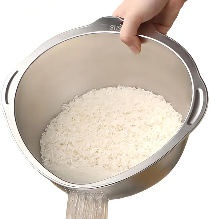 Rice Washer Strainer Bowl Quinoa Washing Bowl Stainless Steel Colander Versatile Side Drainers for Cleaning Rinsing Fruits, Vegetables, and Beans - Multifunctional Drain Basket