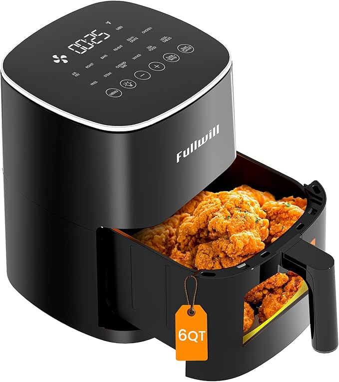 Fullwill 6QT Air Fryer with Visible Window,Nonstick and Dishwasher-Safe Basket,12-in-1 Multi-Function Air Fry,Roast,Bake, Dehydrate, Fries,for Family Party,1700W,Black