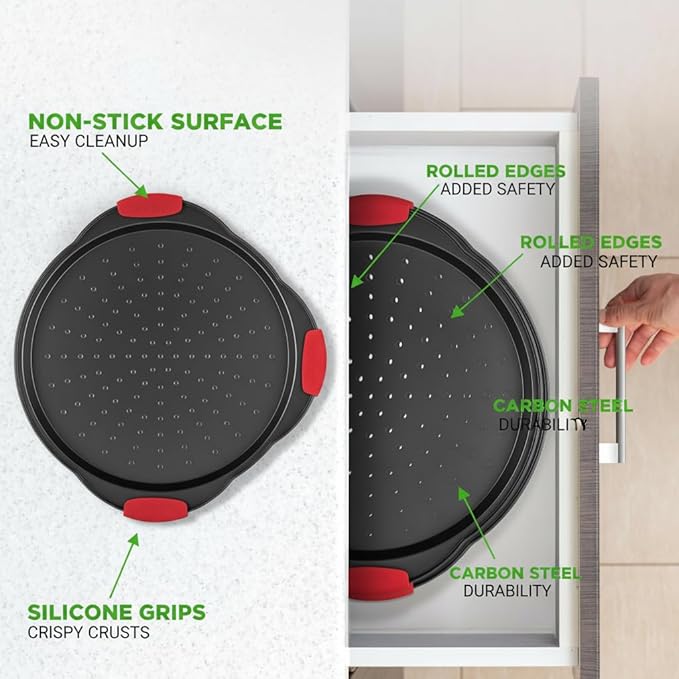 NutriChef 2-Piece 13-Inch Nonstick Pizza Tray, Round Carbon Steel Non-Stick Pizza Pan with Perforated Holes, Premium Bakeware Pizza Screen with Silicone Grip Handles, Dishwasher Safe, NCBPIZX2