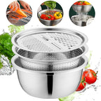 Germany Multifunctional Stainless Steel Basin, 3 in 1 Vegetable Grater Julienne Slicer Stainless Steel Colander, Fruit Slicer for Kitchen Vegetable Slicer Grater Strainer Drain Basket (11in, Silver)