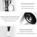 Ebaco Professional Pepper Grinder - with Germany Hardened Carbon Steel Mechanism Rotor, Refillable Pepper Mill 6OZ Glass Adjust Coarseness (1PCS-Sliver-304）