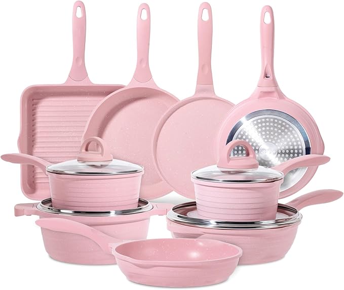 JEETEE Pink Pots and Pans Set Nonstick 23pcs, Healthy Kitchen Cookware Sets, Induction Cooking Set Pink Frying Pans, Saucepans, Sauté & Griddle & Crepe Pan (PFOA Free)