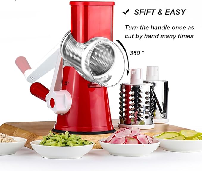 Cambom Rotary Cheese Grater Hand Crank Cheese Shredder for Fresh Cheese, Vegetable, Nuts,Non-slip Suction Base, Free Cleaning Brush Three Blades, Red