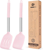 Pack of 2 Silicone Solid Turner, Non Stick Slotted Kitchen Spatulas, High Heat Resistant BPA Free Cooking Utensils, Ideal Cookware for Fish, Eggs, Pancakes(Pink)