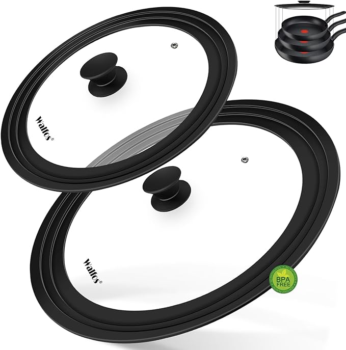 Walfos Universal Lid, Tempered Pan Lid with Heat Resistant Silicone Rim, Fits All 7" to 12" Diameter Cookware, Pots, Pans and Skillets (2Pk)