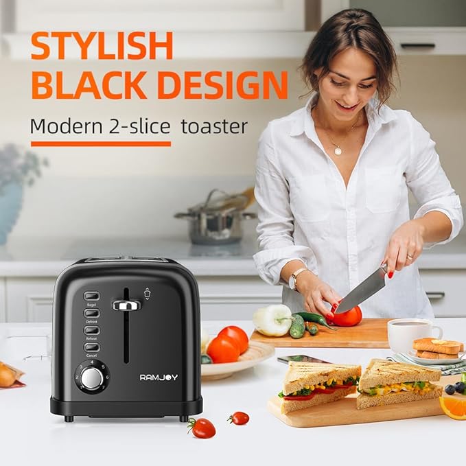 Black Toaster 2 Slice, Extra Wide Slot Toaster for Bagels, Bread, Waffles, 7 Shade Settings, 4 Main Functions, Removable Crumb Tray, 900 Watts Toasters, Black Stainless Steel