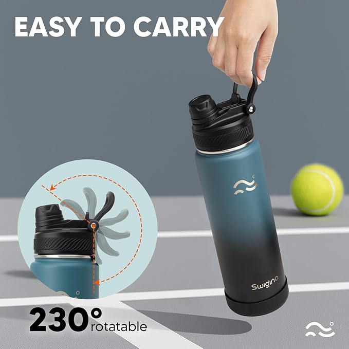 Swigina [2-IN-1 LID] Insulated Water Bottle with Silicone Boot (36hrs Cold/18hrs Hot) - DIY Stickers, Leakproof, BPA Free, 24 oz