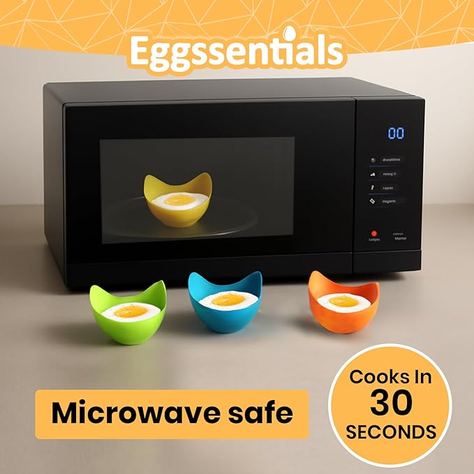 Eggssentials - Poached Egg Cups - Pack of 4 - BPA Free Silicone Egg Poacher Cups - Nonstick Poached Egg Cooker for Microwave, Stovetop, Baking – Easy to Clean Poaching Pods for Perfect Eggs