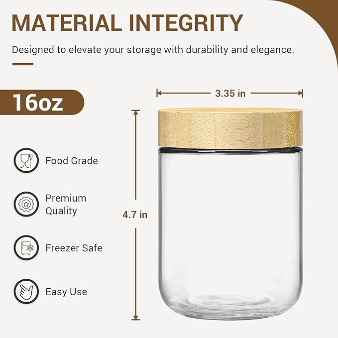 NETANY 6-pack 16oz Glass jars with Airtight Lids, Overnight Oats Containers with Bamboo Lids, Wide mouth Mason Salad jars, Glass Food Storage Containers for Snacks Yogurt Spice Sugar