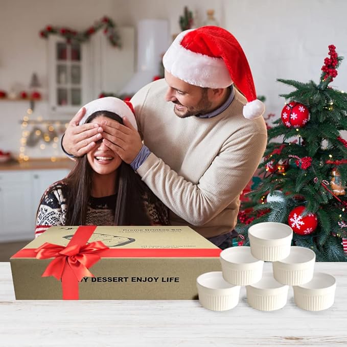 Ramekins Set with 6 Silicone Lids, Mothers Day Gifts Creme Brulee Making Set, Set of 6 Porcelain Ramekins, Oven Safe Covered Bowls & Soufflé Ramiken