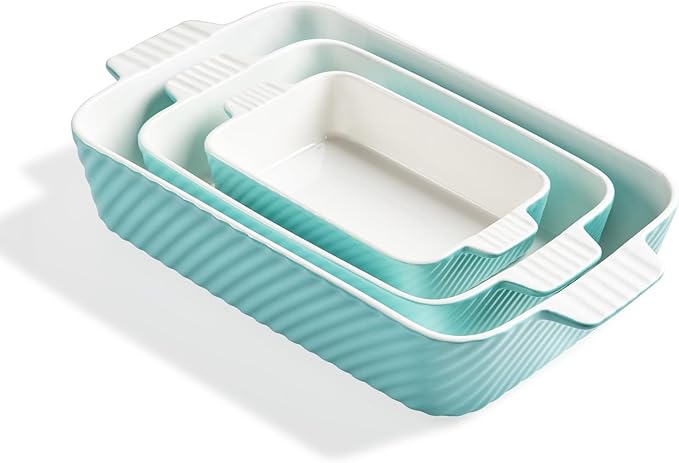 Sweejar Ceramic Baking Dish Set, Cake Baking Dish for Brownie, Porcelain Striped Casserole Dishes for Oven with Handle for Lasagna, Family Dinner(Turquoise)