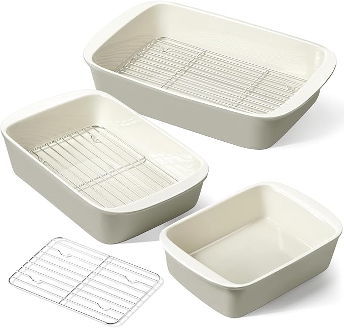 LE TAUCI Deep Casserole Dishes for Oven, 13.7”x9.6” Ceramic Baking Dish Set with Roasting Racks, Large Lasagna Pans with Handles, Rectangular Bakeware as Gift for Mom, Oatmeal Greige (4.6QT/3.0QT/1.6QT), Set of 3
