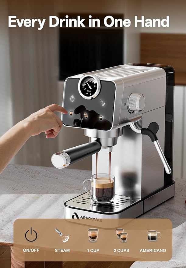 Arecovas Espresso Machine with Milk Frother, 20 Bar Compact Coffee Machine with Touch Screen & 41oz Water Tank for Home Use, Stainless Steel Espresso Coffee Maker for Americano, Cappuccino, Latte