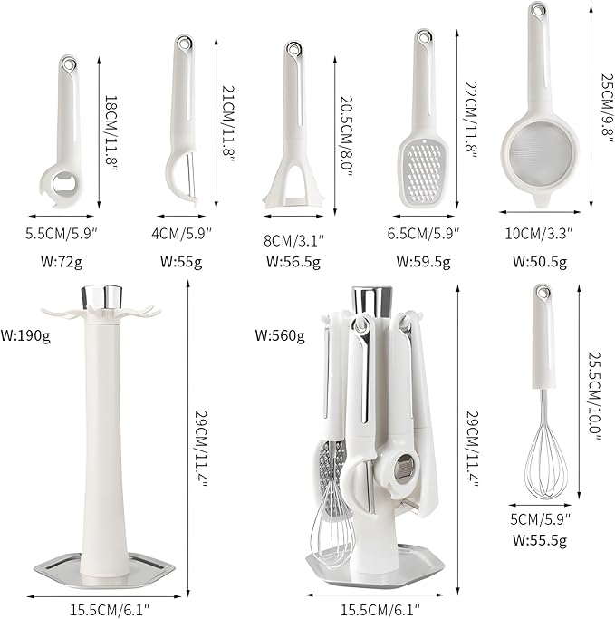 7-Piece Kitchen Gadget Set, Stainless Steel Cooking Utensils Set with Holder, 7-Pieces All Metal Kitchen Utensils, 11.4’’ Long Kitchen Tools with Countertop Rotating Stand (White)