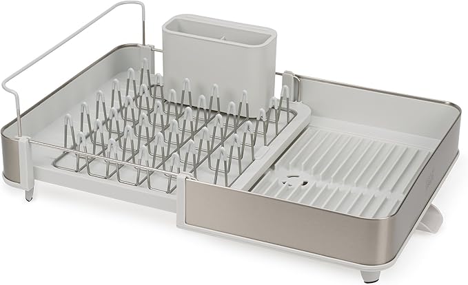Joseph Joseph Extend Steel Expandable Dish Drying Rack with Removable Cutlery Holder Swivel Draining Spout, Stainless Steel
