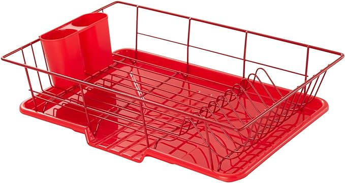 Sweet Home Collection Space-Saving 3-Piece Dish Drainer Rack Set: Efficient Kitchen Organizer for Quick Drying and Storage - Includes Cutlery Holder and Drainboard - Maximize Countertop Space, Red