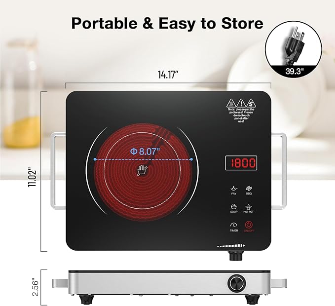 Portable Electric Cooktop 110V, 1800W Electric Stove Infrared Hot Plate with Knob Control, Nafewin Single Burner Countertop Burner with Handle, 4-Hours Timing Setting, Compatible for All Cookwares
