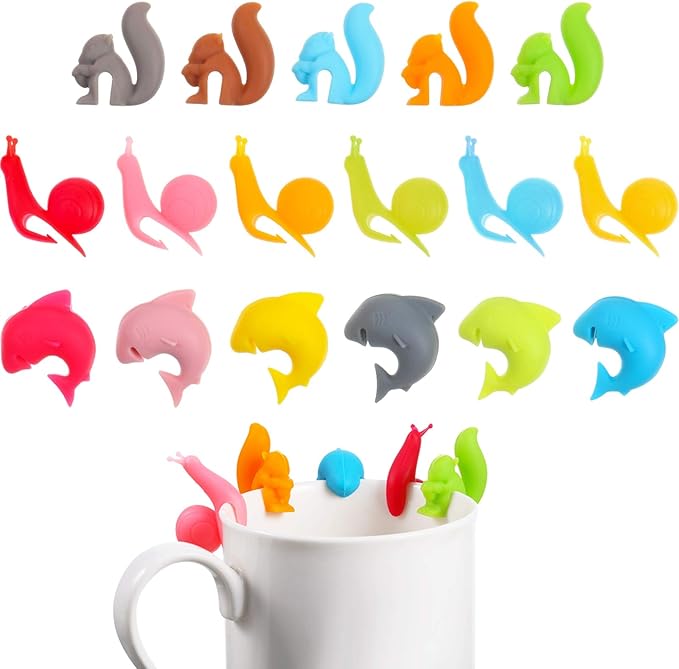 Boao 36 Pcs Silicone Tea Bag Holders Wine Charms Glass Identifier Drink Markers Cute Colorful Snail Squirrel Shark Cup Edge Holders Mug Clips Tea Accessories for Christmas Birthday Bar Party Favor