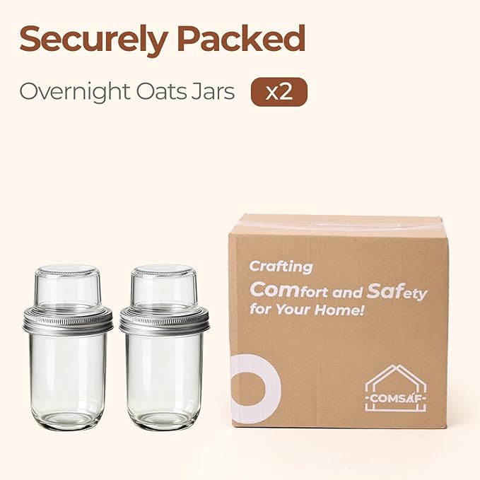 ComSaf Overnight Oats Containers with Lids (16OZ+4OZ, 2PCS) On-The-Go Dual-Laryer Yogurt Parfait Cups with Dry and Wet Separation Mason Jars for Chia Pudding Cereal Nut Fruit Meal Prep Salad