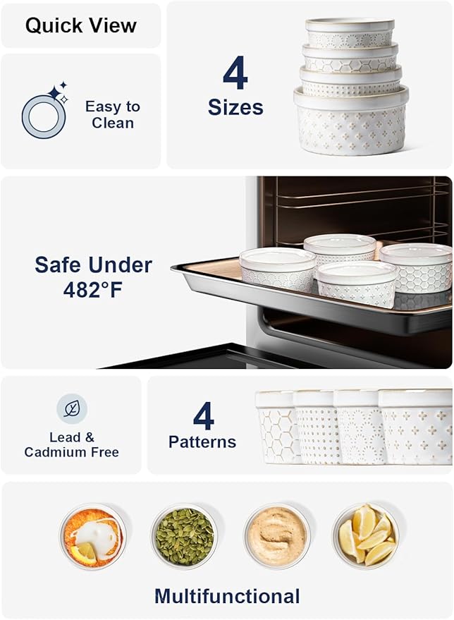 LE TAUCI Ramekins 8 oz, Ramiken for Creme Brulee, Lava Cake, Pudding, Souffle, Pot Pie, Ceramic Baking Dishes, Oven Safe - 4.3 inch, Set of 4, Arctic White