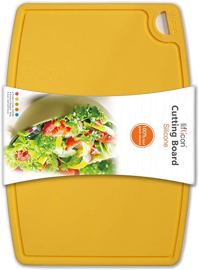 Liflicon Thick Silicone Cutting Board 12.6'' x 9.1'' Juice Grooves Easy Grip Handle Dishwasher Safe-Yellow