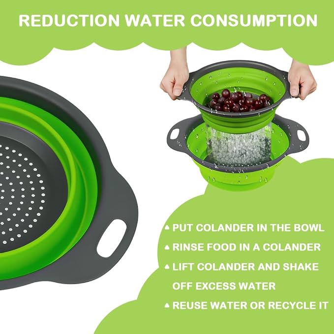 AUAUY 2 Pack Collapsible Colander Set, Round Silicone Folding Collapsible Strainers with Plastic Handles, Eco-Friendly Food Strainer for Kitchen Draining Pasta Vegetables Fruits-1 Large and 1 Small