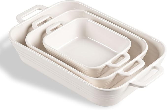 Sweejar Relief Casserole Dishes for Oven, Ceramic 9x13 Baking Pans Set for Cooking, Cake, Banquet and Daily Use, Rectangular Bakeware Set, Porcelain Baking Dish, Lasagna Pan Deep with Handles(White)