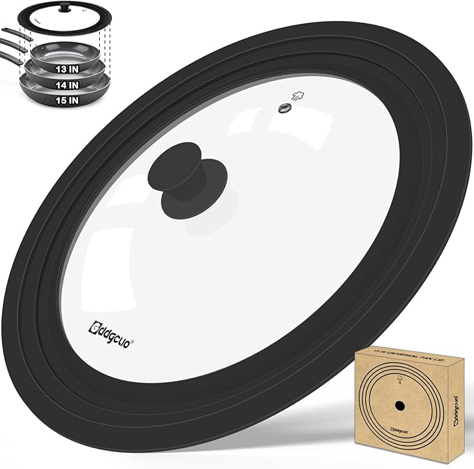 13-14-15 in Universal Pan Lid, Extra Large Silicone Pot Lid for Pots, Pans & Skillets, Replacement Frying Pan Lid with Heat Resistant Silicone Knob, Dishwasher Safe, Black