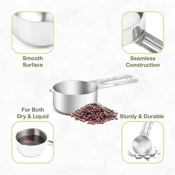 1PCS 1/4Cup (60ml, 2oz) Single Measuring Cup, Etched Inner Scale Stainless Steel Measure Scoop, Metric and US Measurement, Dishwasher Safe