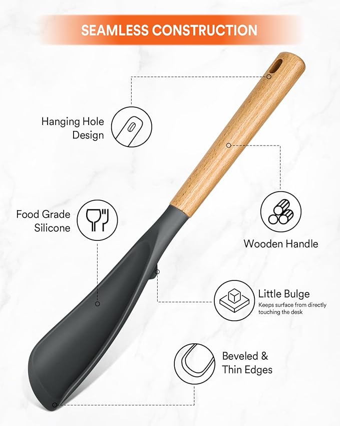 Cooking Spoon for Nonstick Cookwares, Great for Cooking and Serving Sturdy BPA-Free Matte Silicone, Wood Handle Spoon for Mixing, Scoop, and Scrape (Black & Grey, 13.4 inch)