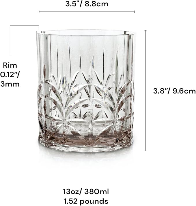 BELLAFORTE Shatterproof Tritan Plastic Short Tumbler, Set of 4, 13oz - Myrtle Beach Unbreakable Crystal Cut Old Fashioned Drinking Glasses for Whiskey - BPA Free - Dishwasher Safe - Grey