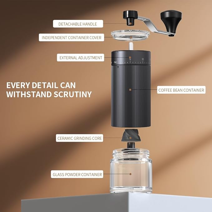 Hand Coffee Grinder Conical Burr for Espresso French Press Pour Over Double Bearing External Adjustment Capacity 25g (Ceramic Burr-Black)