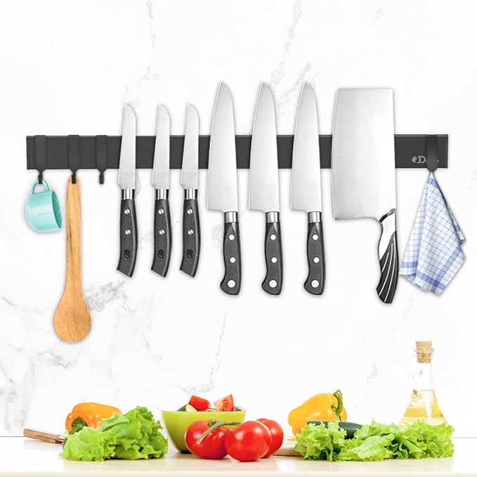 Dmore magnetic knife holder for wall—with 4 hooks, No Drilling 20 Inch black knife magnetic strip, Powerful knife magnet rack, include Adhesive Tape and screws for Knives, Utensils, and Tools