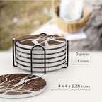 UMIRRO Ceramic Coasters for Wooden Table, Absorbent Drink Coasters with Holder for Tabletop Protection, Rustic Country Farmhouse Coasters w/Brown Wood Texture for Cups & Glasses, Coffee Bar Accessory
