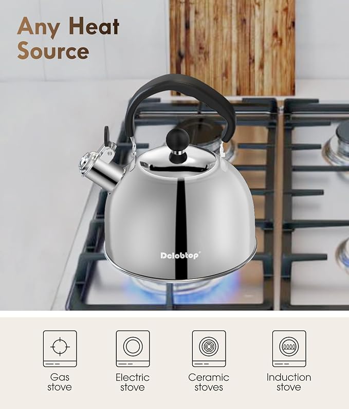 Tea Kettle for Stove Top - Stainless steel Teapot,2 Quart Camping Kettle, Efficient Heating, Audible Whistle, Safe Handle - Hot Water kettle & Tea Pot Stovetop (Silver)