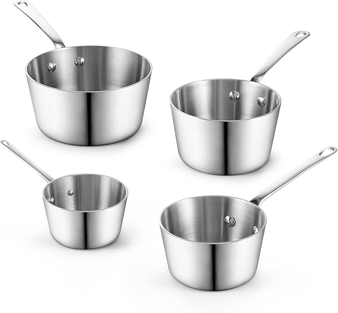 D&M Butter Warmer Set, 4-Piece Milk Frother and Chocolate Melting Pot, Multi-Ply Clad Stainless Steel Small Saucepan for Induction Stovetop, Coffee, Butter, Syrup, 0.14/0.23/0.39/0.57 Quart