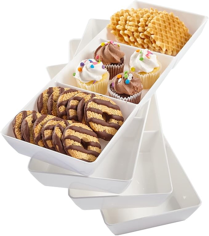 US Acrylic Avant White Plastic Divided Serving Trays (Set of 4) 15” x 5” | Narrow Reusable 3-Section Party Platters | Serve Appetizers, Fruit, Veggies, & Desserts | BPA-Free & Made in USA
