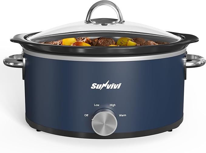Sunvivi 3 Quart Slow Cooker & Mini Food Warmer with 3 Heating Settings, Removable Ceramic Pot, Dishwasher Safe Glass Lid, Stainless Steel, Blue