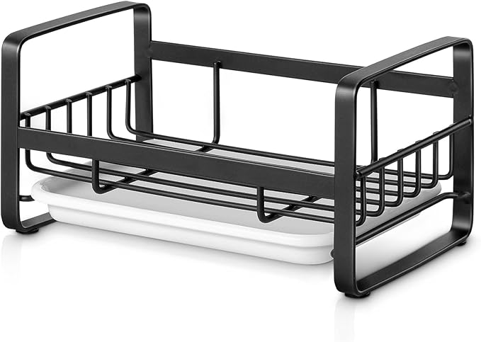 HULISEN Kitchen Sink Sponge Holder, 304 Stainless Steel Kitchen Soap Dispenser Caddy Organizer, Countertop Soap Dish Rack Drainer with Removable Drain Tray, not Including Dispenser and Brush, Black