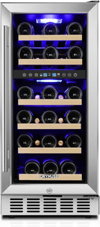 15 Inch Wine Cooler Under Counter, 30 Bottle Dual Zone Wine Fridge with Stainless Steel Glass Door, Built-In or Freestanding Wine Cellar with Digital Temperature Control for Home, Kitchen, or Office