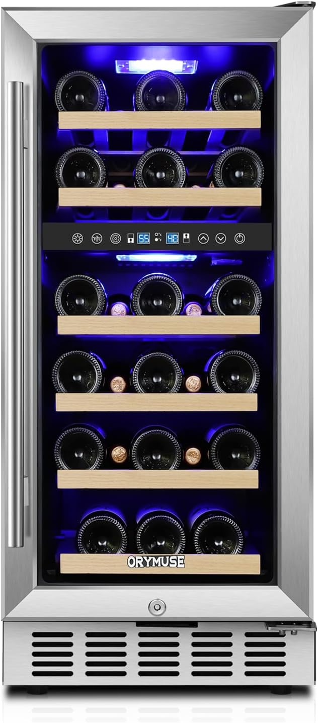 15 Inch Wine Cooler Under Counter, 30 Bottle Dual Zone Wine Fridge with Stainless Steel Glass Door, Built-In or Freestanding Wine Cellar with Digital Temperature Control for Home, Kitchen, or Office