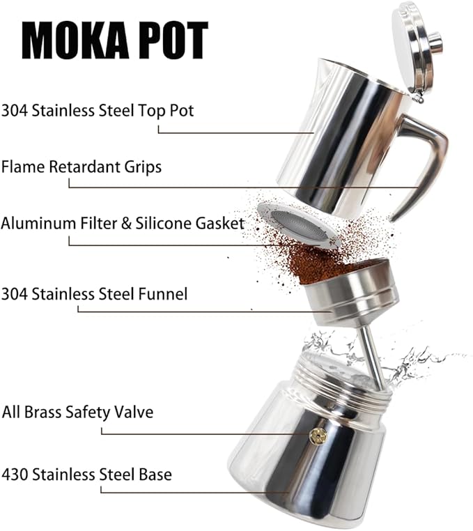6 Cup Thickened 304 Stainless Steel Moka Pot Stovetop Espresso Maker Cafeteras Italian Percolator Espress Makers Capable Greca Mocha Coffee Machine for Induction Home and Camping 300ml 10oz