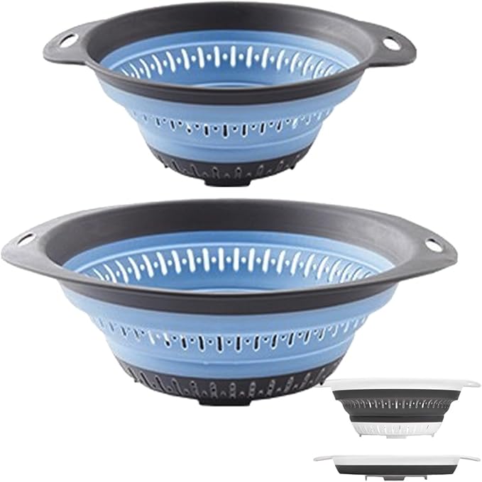 Collapsible Colander and Strainer,Silicone Strainer Colanders & Food Strainers,for Vegetable and Fruit, Kitchen Essentials (2, Blue, 1.3L+2.5L)