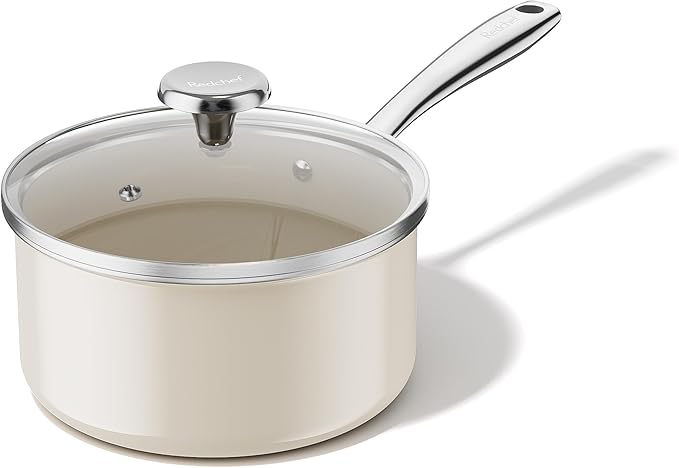 Redchef Nonstick Ceramic Sauce Pan With Lid, 3.5QT Small Cooking Pot with Stay-Cool Handle, Kitchen Non Toxic Soup Pot, PTFE & PFOA Free, Oven & Dishwasher Safe, Compatible with All Stovetops-Beige
