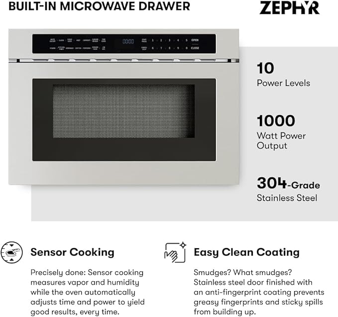 Zephyr 24 inch Built In Drawer Microwave Oven Under Cabinet - Integrated, Wall Mount, Under Counter Pull Out Microwave Drawer 1.2 cu ft, Preset Cooking Options, Easy Clean Coating, 1000W