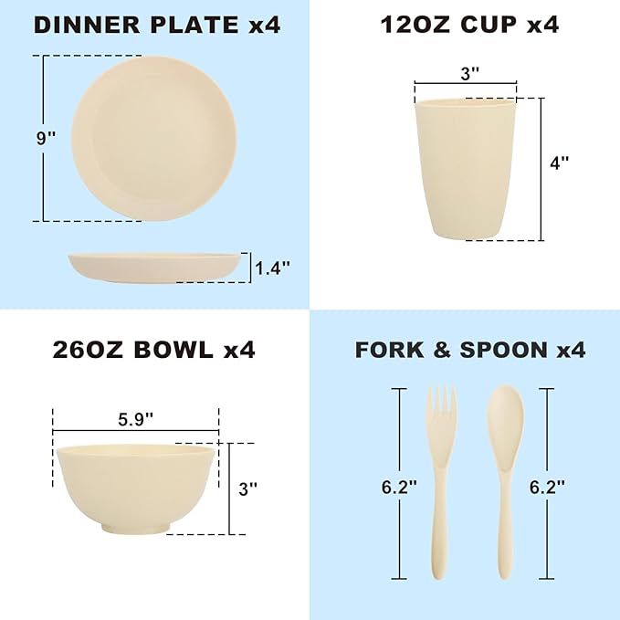 Kitchen Wheat Straw Dinnerware Sets for 4, Unbreakable Kids Dish Set 20 PCS - Dinner Plate/Cereal Bowl/Cup/Fork/Spoon, for Outdoor Camping, RV, Apartment Essentials - Beige