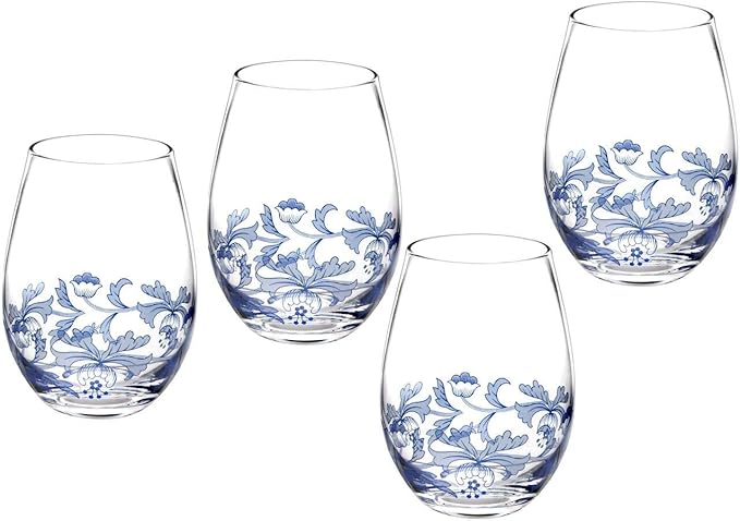 Spode Blue Italian Stemless Wine Glasses, Set of 4 - 19oz Artistic Tumbler-Style Goblets with Scenic Border & Scroll Accent for Red or White Wine, Casual Dining, Entertaining - For Outdoor Gatherings