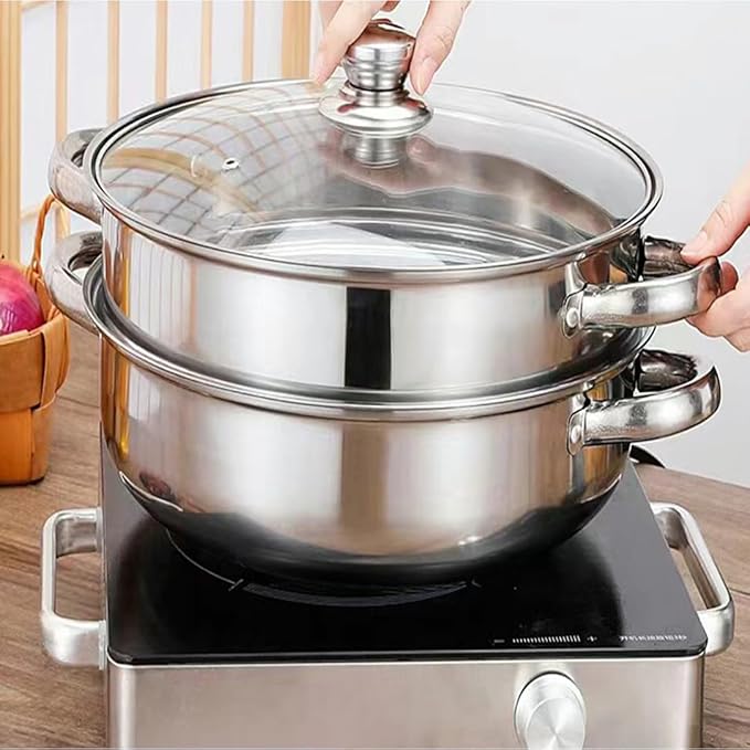 Steamer for Cooking, 3.0 Quarts Stainless Steel Steamer Pot, 2-Tier Food Steam Pots with Lid for Cooking Vegetables, Seafood, Soups, Stews and Pasta, 8.5 x 7.3 inch