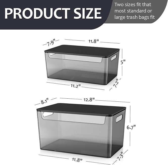 2 Pack Trash Bag Holder Under Sink Stackable, Plastic Garbage Bag Dispenser with Lid, Trash Bag Storage Dispenser Roll Holder for Kitchen, Pantry, Laundry Room Organization (Black)