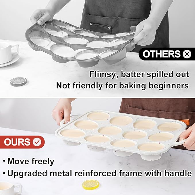 CAKETIME Silicone Muffin Pan with Metal Frame, Metal Reinforced Frame Regular Size Cupcake Pan with Handle 12 Cups Nonstick Muffin Pan for Baking BPA Free 2 Pack